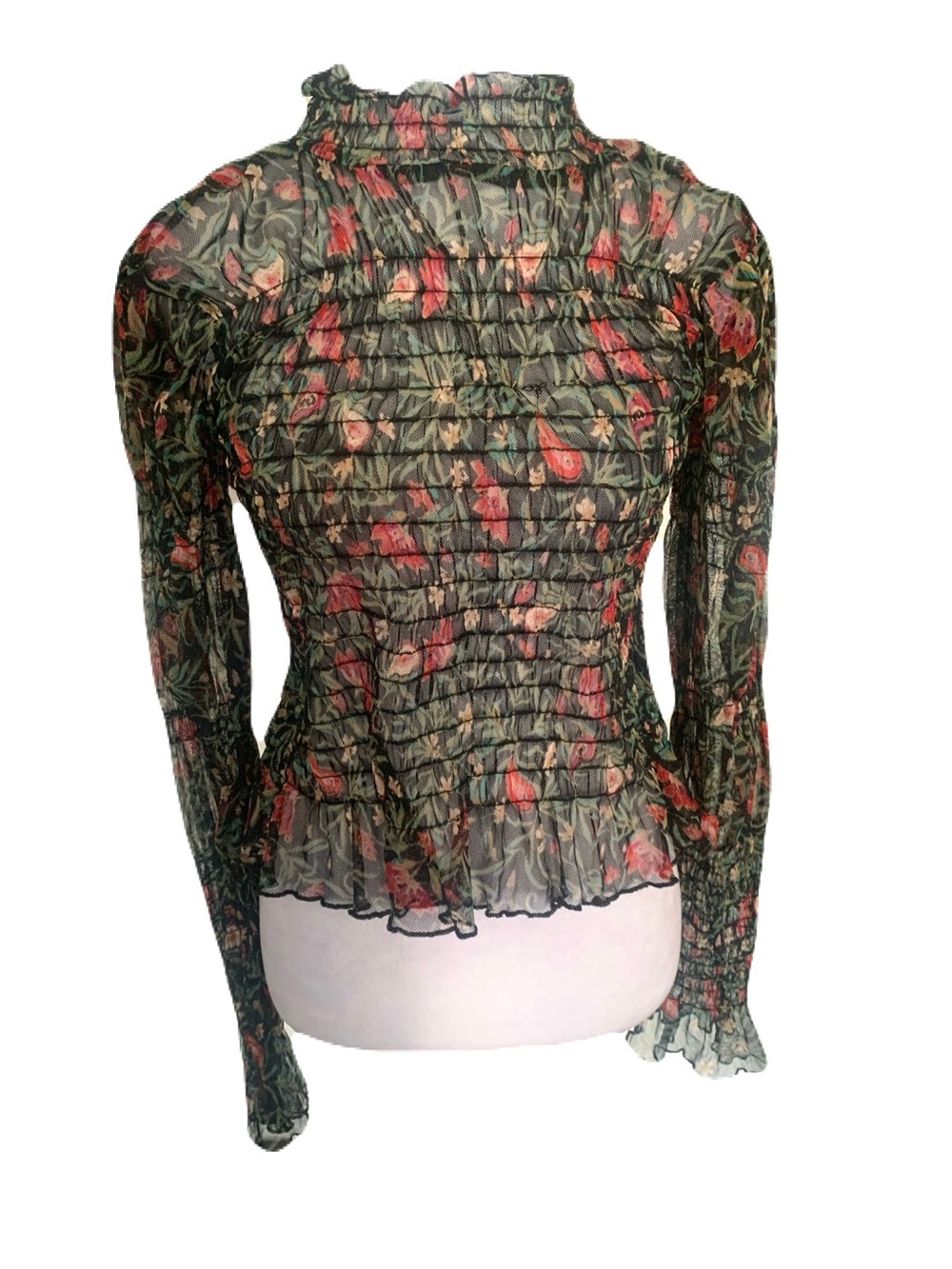 Free People Small Smocked Sheer Floral Blouse Long Sleeve Mock Neck Ruffle Top